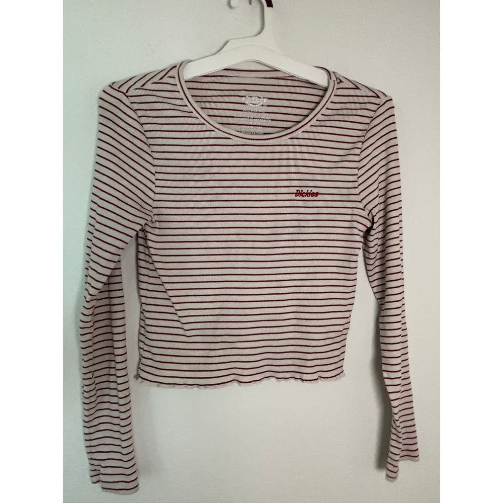 Dickies Womens XL Red White Striped Ribbed Long Sleeve Lettuce Hem Crop Top